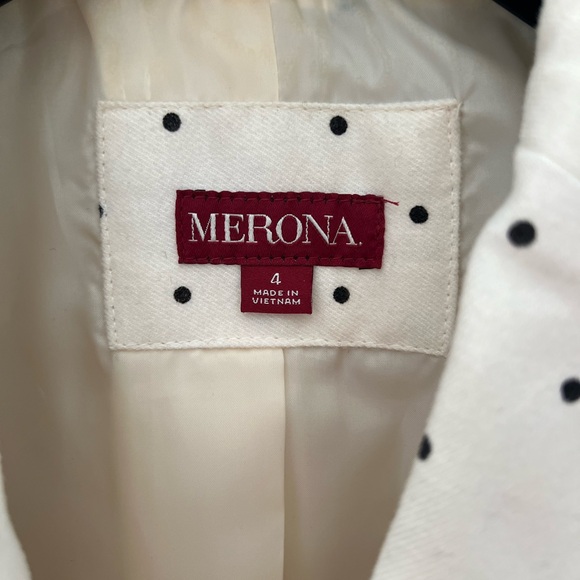 Cream and black polka dot blazer with piping and gold buttons. Size 4. - Picture 5 of 16